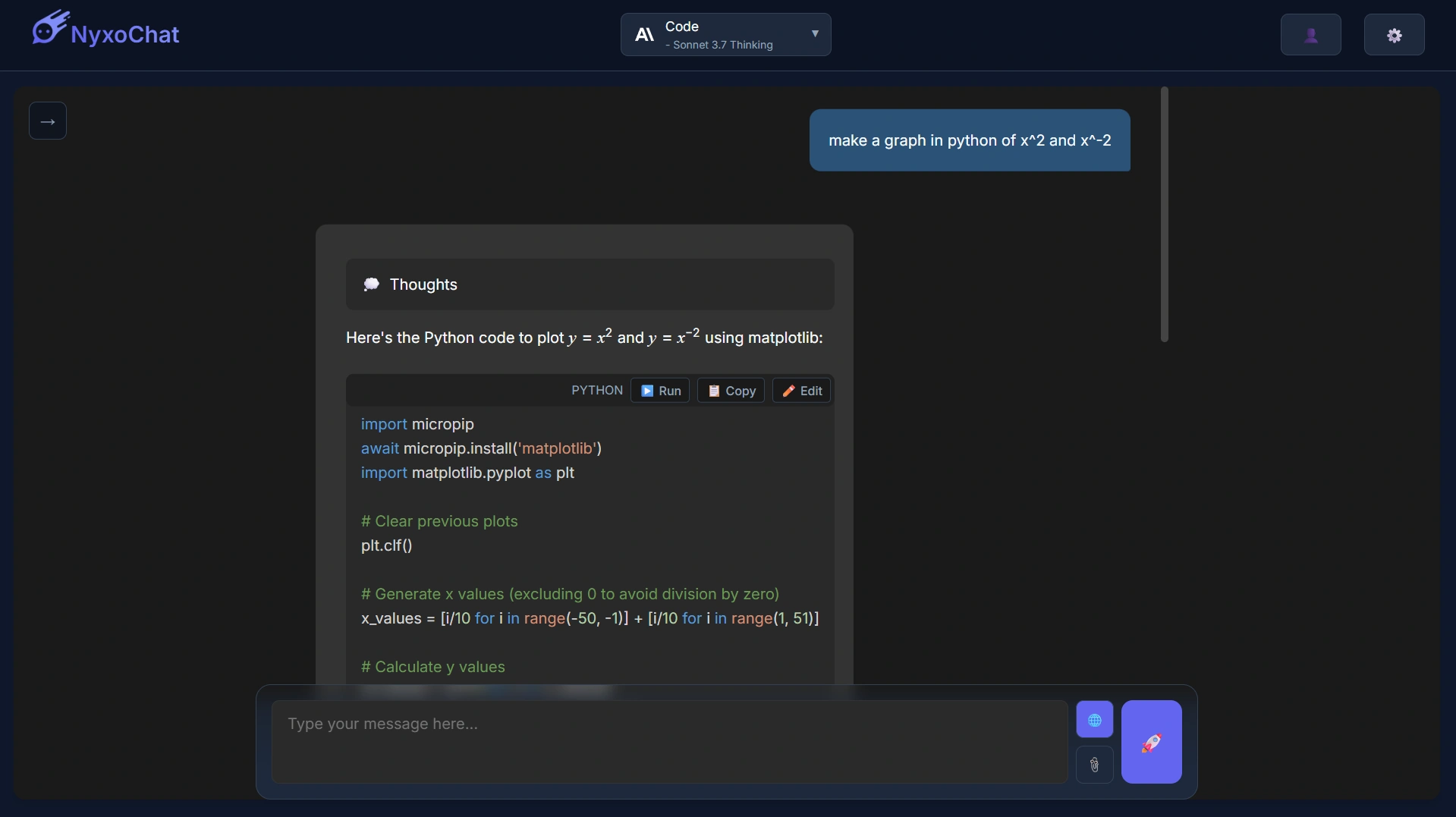 NyxoChat interface showing a chat conversation